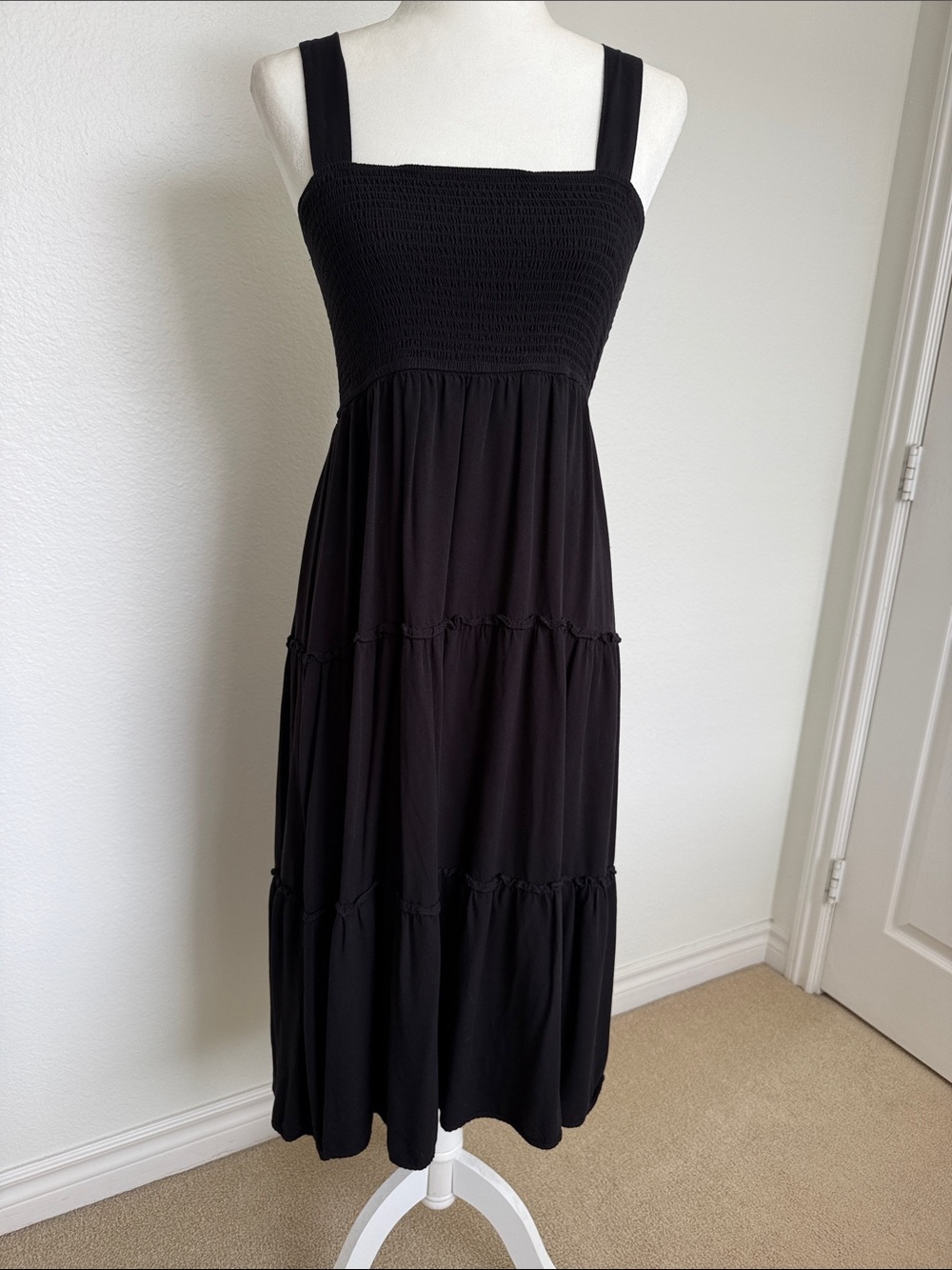 SHEIN Black Smocked Midi Dress with Wide Straps